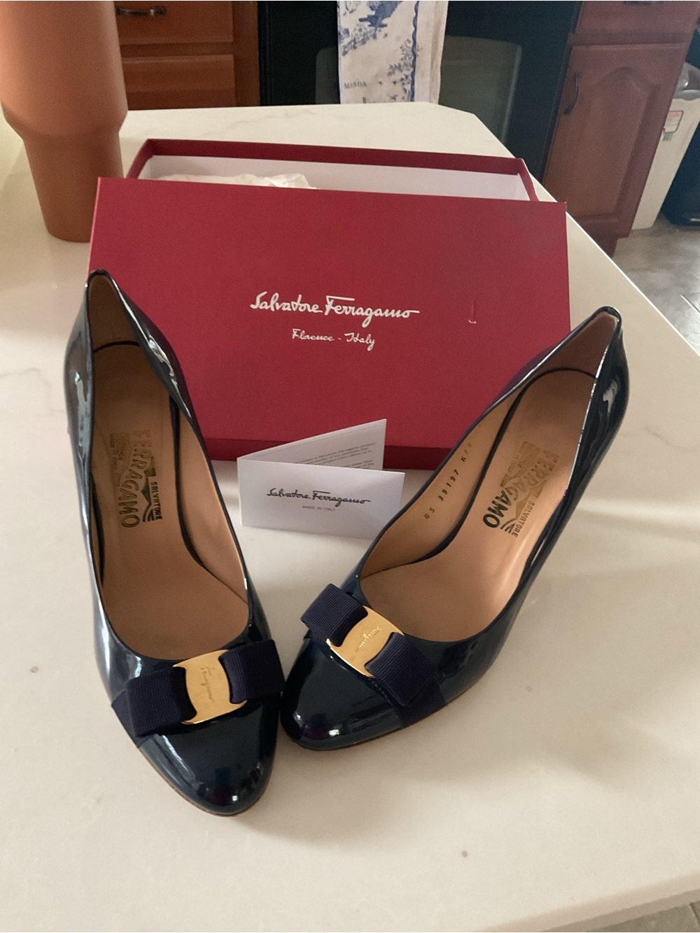 Salvatore Ferragamo Navy Patent Vara Bow Pumps with Gold Plate